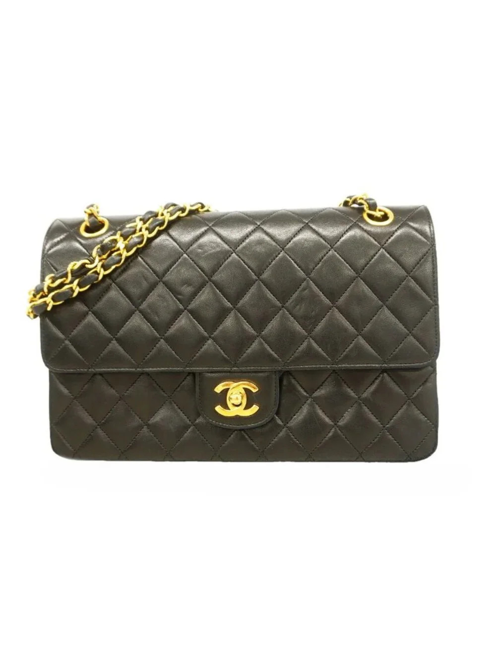 Chanel Shoulder Bag Quilted Lambskin Black Gold